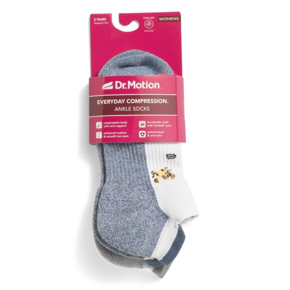 DR MOTION White/Blue 2pk Playful Dogs Ankle Compression Socks - Picture 1 of 1